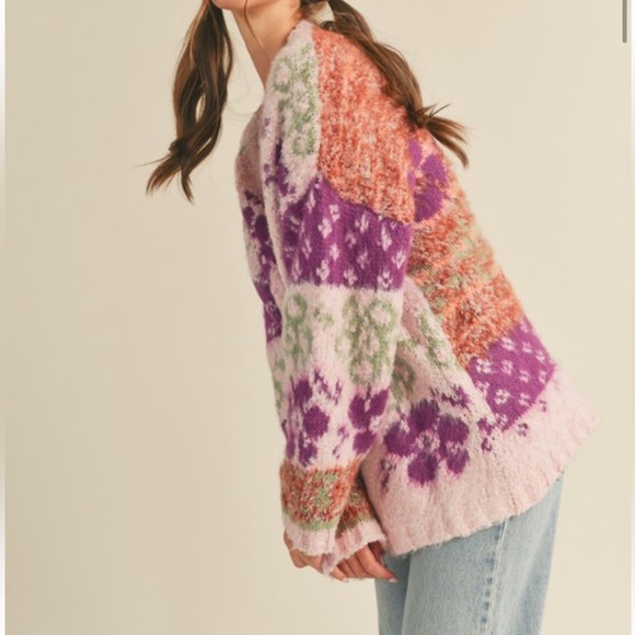New So Pretty Multi Floral Pattern Oversized Open Front Knit Cardigan - Picture 7 of 8
